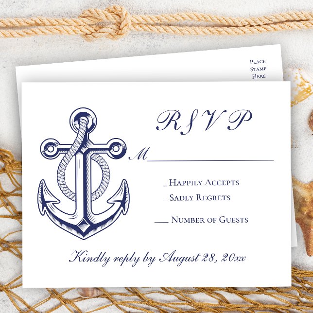 Elegant Nautical Navy Blue Anchor Wedding RSVP Einladungspostkarte (Von Creator hochgeladen)