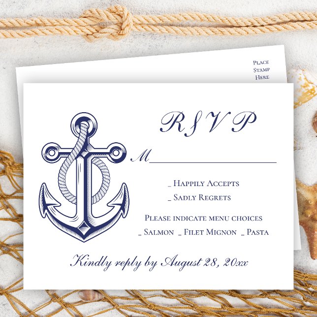 Elegant Nautical Navy Blue Anchor Wedding RSVP Einladungspostkarte (Von Creator hochgeladen)