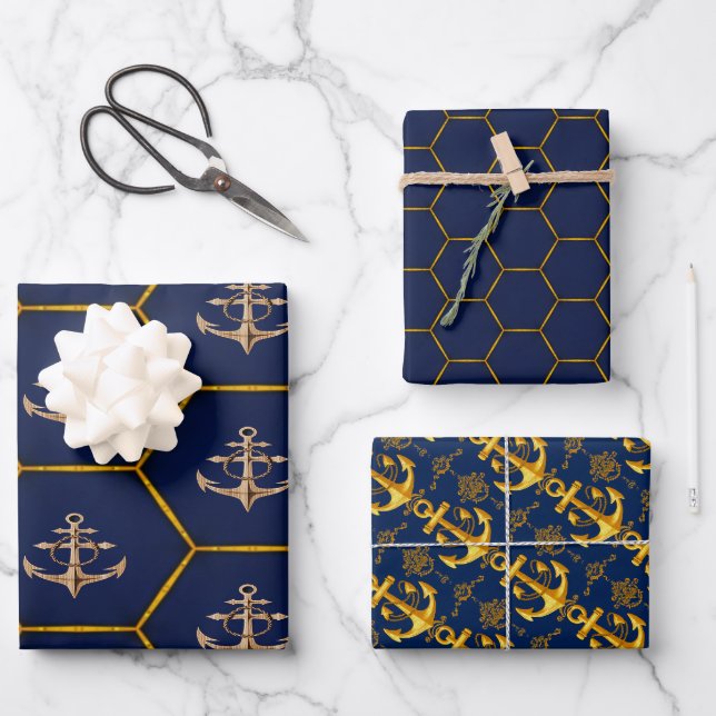 Elegant Nautical Navy & Gold Geschenkpapier Set (Vorderseite)