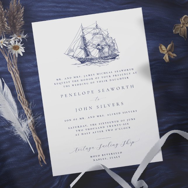 Elegant Nautical Ship Illustration formale Hochzei Einladung (Formal wedding invitation with an illustration of a sailing ship)