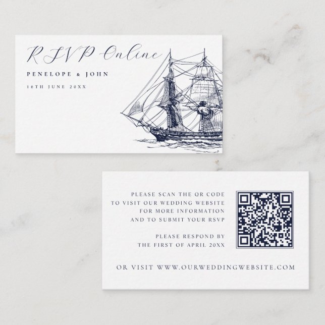 Elegant Nautical Ship Illustration Wedding Website Begleitkarte (Vorne/Hinten)