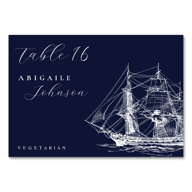 Elegant Nautical Ship Navy Blue Wedding Tischnummer (Vorderseite)