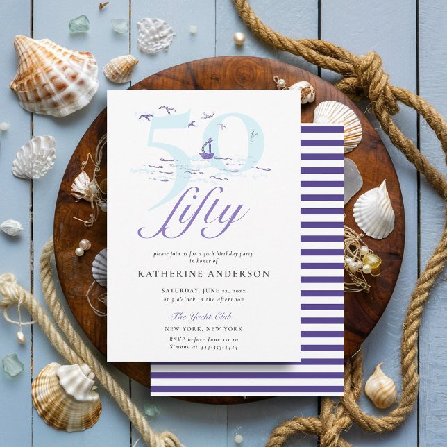 Elegant Nautical Stripes Boat Ocean 50. Geburtstag Einladung (nautical boat ocean birds 50th birthday invitation elegant modern classy simple)