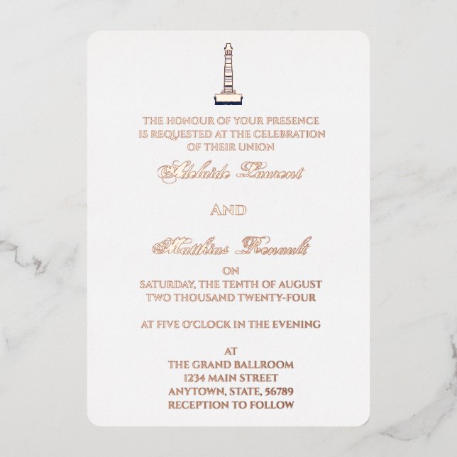 Elegant Nautical Wedding Lighthouse - Navy Blue, Folieneinladung (Vorderseite)