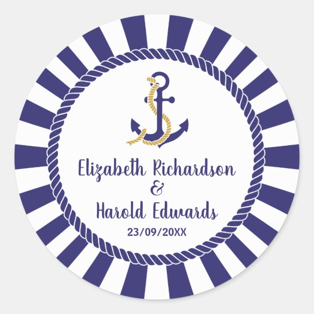 Elegant Nautical Wedding Navy Anchor Runder Aufkleber (Vorderseite)