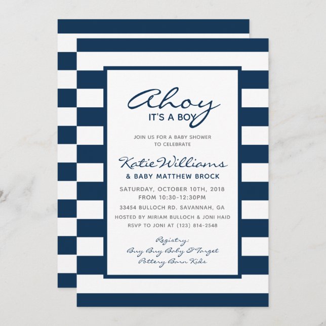Elegant Nautical White Blue Anchor Boy Baby Shower Einladung (Vorne/Hinten)