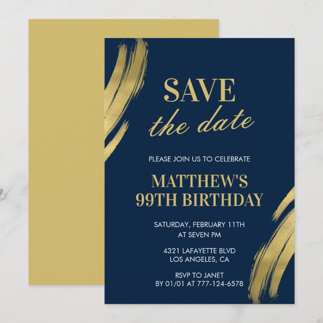 Elegant Navy 99. Geburtstag Save the Date Einladung (Vorne/Hinten)