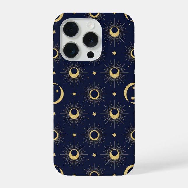 Elegant Navy and Gold Celestial Moon & Sun Pattern iPhone Hülle (Rückseite)