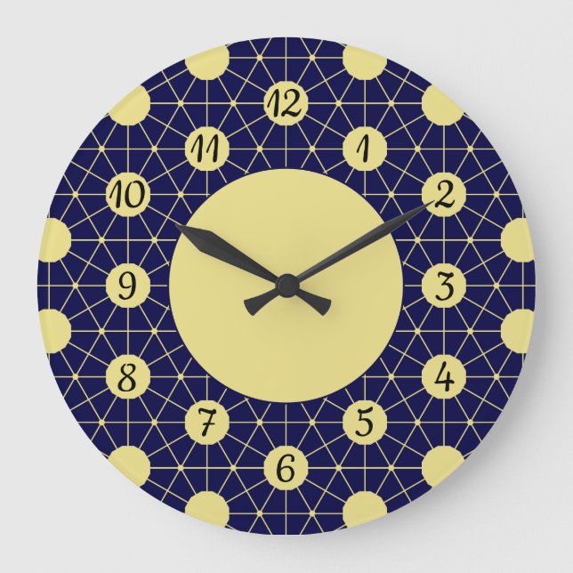 Elegant Navy and Gold Geometric Tile Pattern Große Wanduhr (Vorderseite)