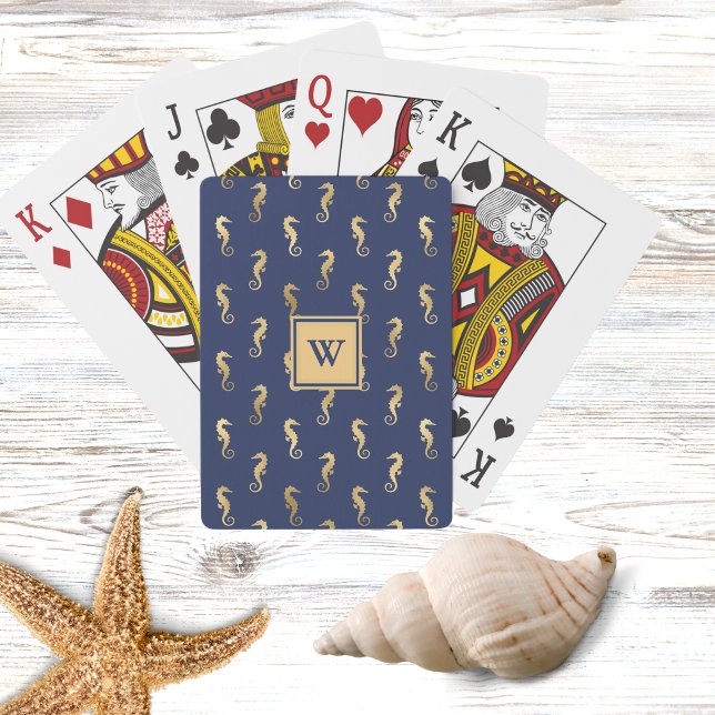 Elegant Navy and Gold Seahorses with Initial Spielkarten (Von Creator hochgeladen)