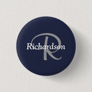 Elegant Navy Blau Weiß Silber Grau Monogrammiert Button