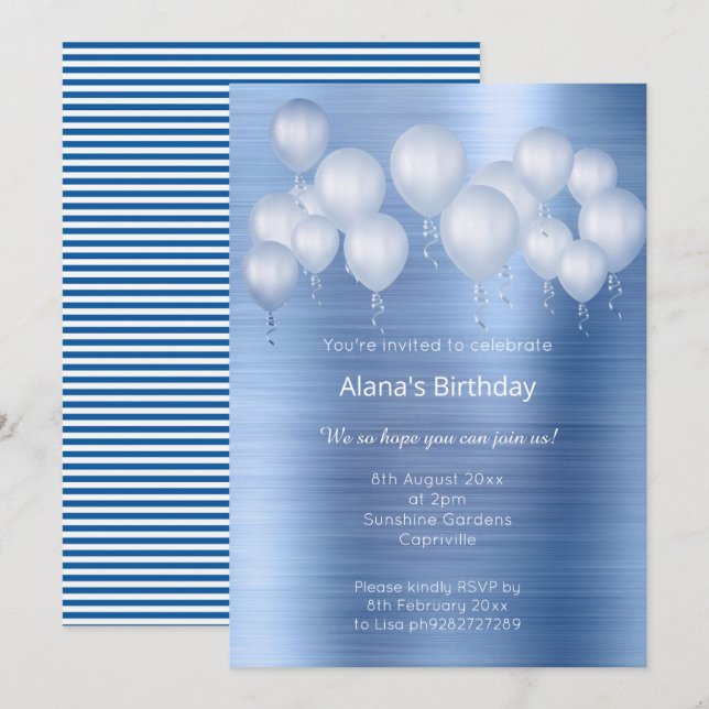 ELEGANT NAVY BLAUE BRUSHED METAL BALOON BIRTHDAY EINLADUNG (Vorne/Hinten)