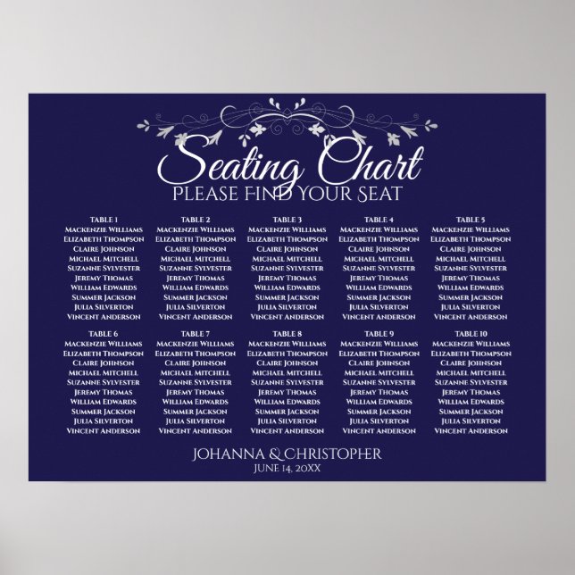 Elegant Navy Blue 10 Table Wedding Seating Chart Poster (Vorne)
