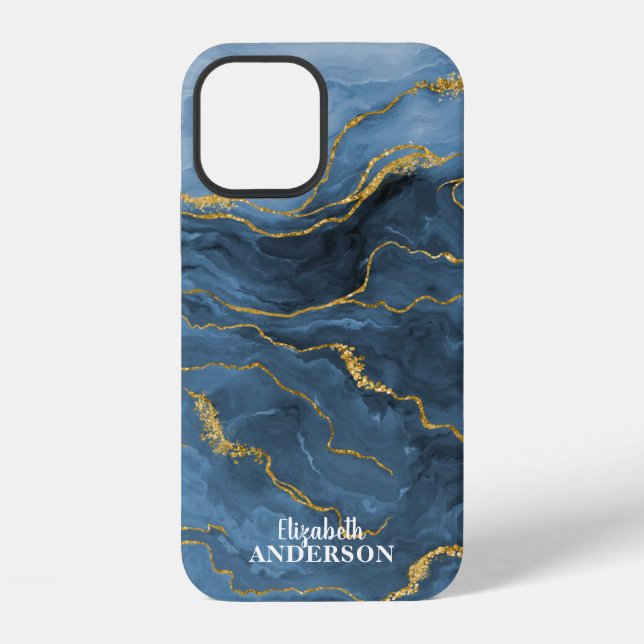 Elegant Navy Blue Agate Geode Marble Monogram iPhone Hülle (Rückseite)