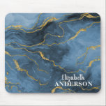 Elegant Navy Blue Agate Geode Marble Monogram Name Mousepad<br><div class="desc">Ein hübsches viereckiges marineblau- und goldfarbenes Marmormor-Mauspad,  personalisiert mit Ihrem Namen in einem Skript-Schriftart für den Vornamen und ein serifenloser Schriftart für den Nachnamen. Das elegante und schicke Marineblau mit goldgelbem Marmorboden. Eine elegante und stilvolle Ergänzung zu Ihrem Büro. Entworfen für Sie von BlackBerry Boulevard.</div>
