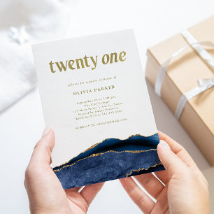 Elegant Navy Blue Agate und Gold 21. Geburtstag Einladung