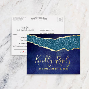 Elegant Navy Blue Agate Wedding RSVP Real Folie Einladungspostkarte