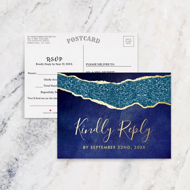 Elegant Navy Blue Agate Wedding RSVP Real Folie Einladungspostkarte (Von Creator hochgeladen)