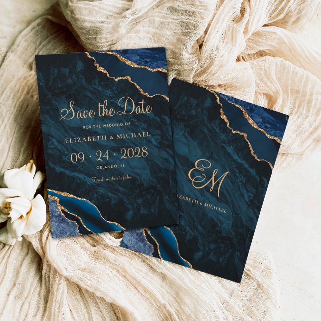 Elegant Navy Blue Agate Wedding Save the Date (Von Creator hochgeladen)