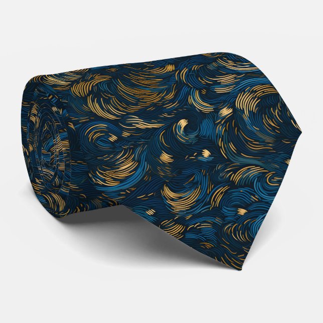 Elegant Navy Blue and Gold Abstract Swirl Krawatte (Gerollt)