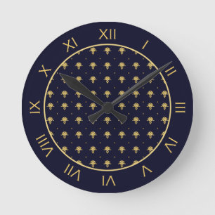 Elegant Navy Blue and Gold Damask Runde Wanduhr