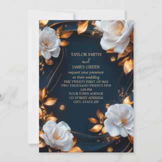 Elegant Navy Blue and Gold Floral Einladung