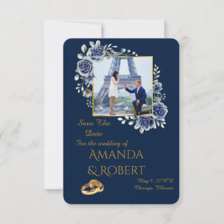 Elegant Navy Blue and Gold Floral Photo Save The Date