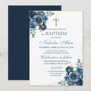 Elegant Navy Blue and Gold Floral Taufen Einladung