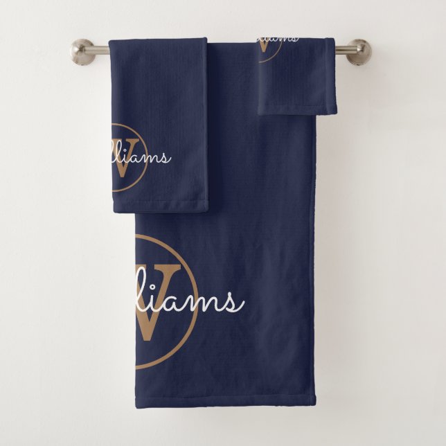 Elegant Navy Blue and Gold Monogram Badhandtuch Set (Insitu)