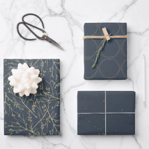 Elegant Navy Blue and Gold Pattern Geschenkpapier Set