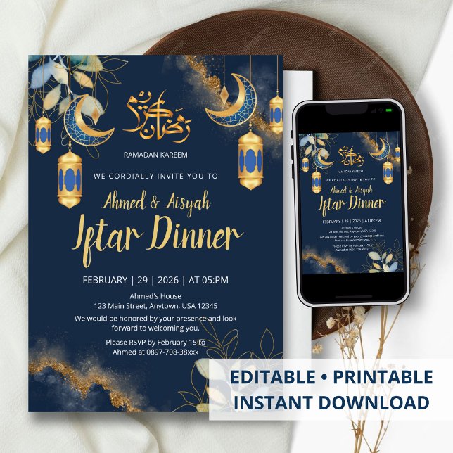 Elegant Navy Blue and Gold Watercolor Iftar Einladung (Von Creator hochgeladen)