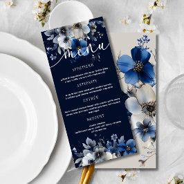 Elegant Navy Blue and Silver Floral Wedding Menu Menükarte