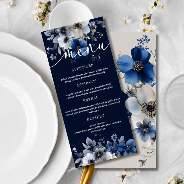 Elegant Navy Blue and Silver Floral Wedding Menu  Menükarte (Von Creator hochgeladen)