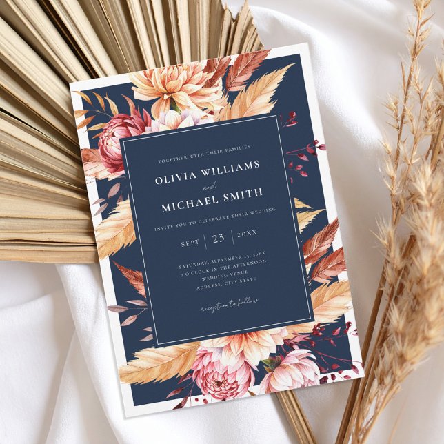 Elegant Navy Blue Boho Chic Floral Wedding Einladung (Von Creator hochgeladen)