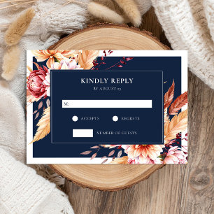 Elegant Navy Blue Boho Chic Floral Wedding RSVP Karte