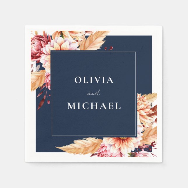 Elegant Navy Blue Boho Chic Floral Wedding Serviette (Vorderseite)