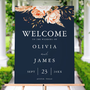 Elegant Navy Blue Boho Chic Floral Wedding Willkom Acrylschild