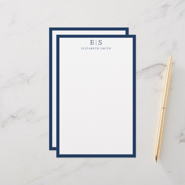 Elegant Navy Blue Border Monogram Briefpapier (Vorderseite/Rückseite Beispiel)