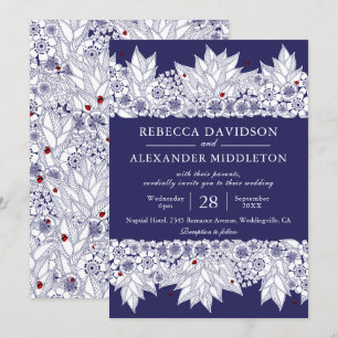 Elegant Navy Blue Botanical Wedding Einladung