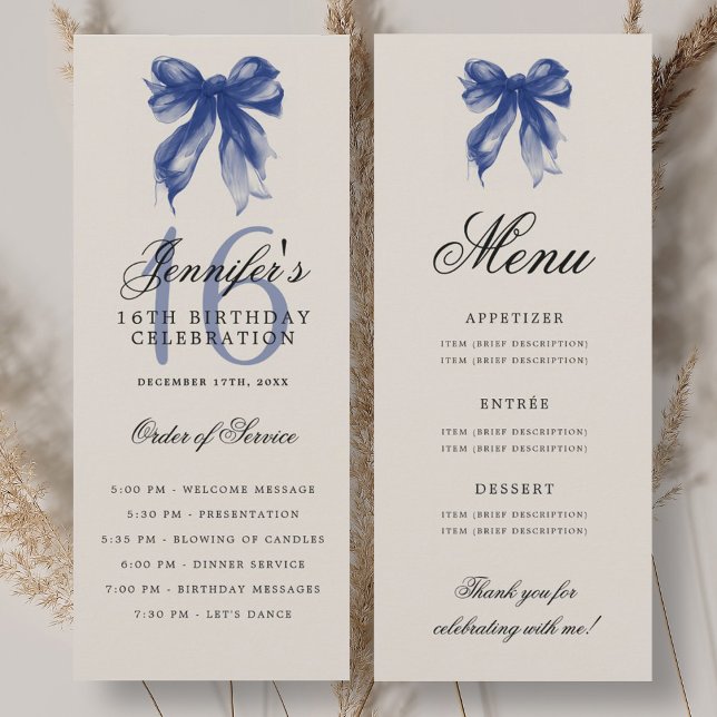 Elegant Navy Blue Bow 16th Birthday Program Menu Einladung (Elegant Navy Blue Bow 16th Birthday Program Menu)