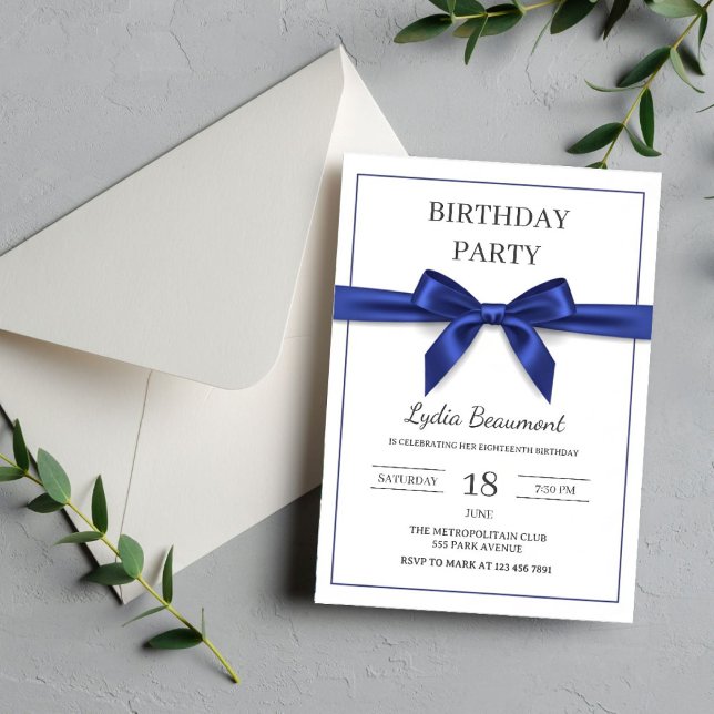 Elegant Navy Blue Bow Birthday Einladung (Von Creator hochgeladen)