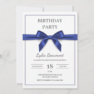 Elegant Navy Blue Bow Birthday Einladung