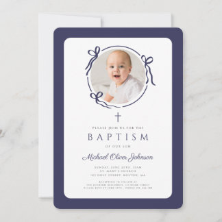 Elegant Navy Blue Bow Photo Boy Baptism Einladung