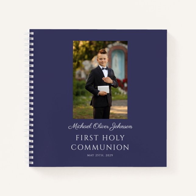 Elegant Navy Blue Boy First Communion Guestbook Notizbuch (Vorderseite)