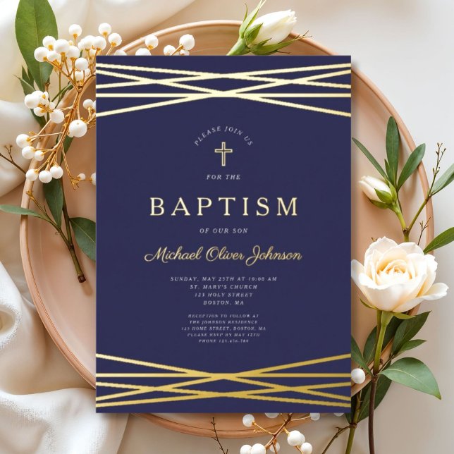 Elegant Navy Blue Boy Taufen Gold Folieneinladung (Elegant Navy Blue Boy Baptism Gold Foil Invitation)