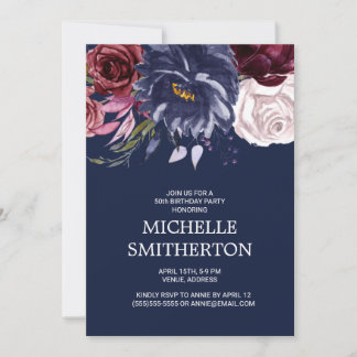Elegant Navy Blue Burgundy Floral 50. Geburtstag Einladung