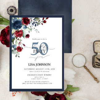 Elegant Navy Blue Burgundy Floral 50. Geburtstag Einladung