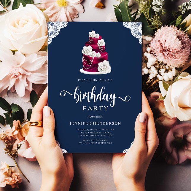 Elegant Navy Blue Burgundy Floral Geburtstag Einladung (Elegant Navy Blue Burgundy Floral Birthday Invitation)