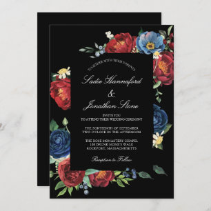 Elegant Navy Blue Burgundy Red Floral Wedding Invi Einladung