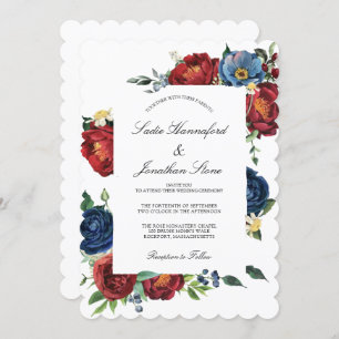 Elegant Navy Blue Burgundy Red Floral Wedding Invi Einladung